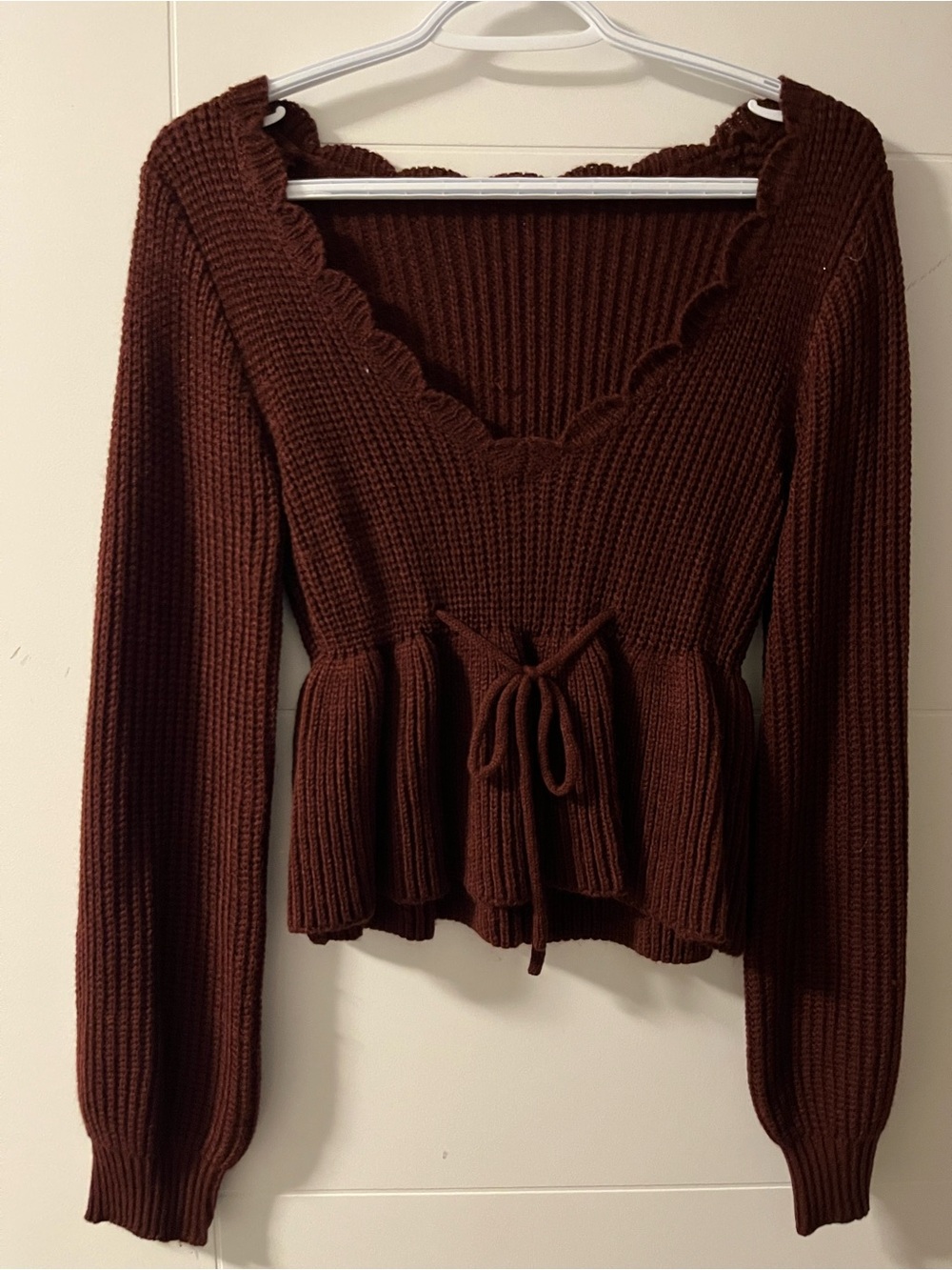 Brown Knit Peplum Sweater with Tie Waist